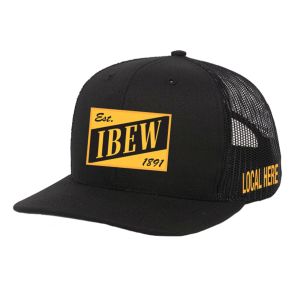 IBEW YOUR LOCAL HERE YELLOW RECTANGLE TEXT CHARCOAL UNION MADE TRUCKER HAT BASEBALL CAP HL0058 IBEW YOUR LOCAL HERE YELLOW RECTANGLE TEXT CHARCOAL UNION MADE TRUCKER HAT BASEBALL CAP HL0058