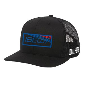 IBEW YOUR LOCAL HERE BLUE RECTANGLE TEXT CHARCOAL UNION MADE TRUCKER HAT BASEBALL CAP HL0061 IBEW YOUR LOCAL HERE BLUE RECTANGLE TEXT CHARCOAL UNION MADE TRUCKER HAT BASEBALL CAP HL0061