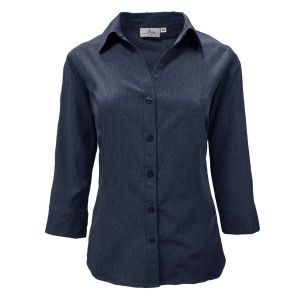 315-CBS Ladies' 3/4 Dress Shirt-Heather Navy-S-Charcoal Black Logo