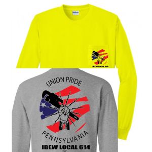 IBEW LOCAL 614 HAND AND FIST WRENCH LIGHTNING USA MADE UNION MENS LONG SLEEVE WITH POCKET