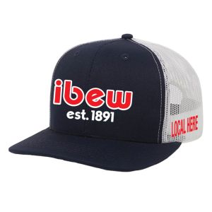 IBEW YOUR LOCAL HERE RED TEXT UNION MADE TRUCKER HAT BASEBALL CAP HL005-NAVY/WHITE-OSFA