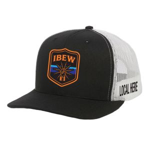 IBEW YOUR LOCAL HERE ORANGE SHIELD UNION MADE TRUCKER HAT BASEBALL CAP HL0064-BLACK/WHITE-OSFA