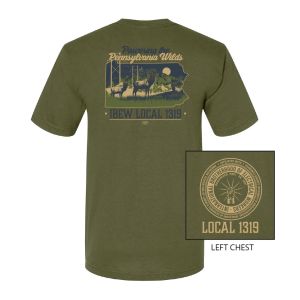IBEW LOCAL 1319 ELK WILDS USA MADE UNION PRINTED MENS OLIVE SHORT SLEEVE T-SHIRT 5040