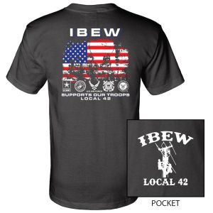 IBEW LOCAL 42 SUPPORT TROOPS USA MADE SHORT SLEEVE WITH POCKET  T-SHIRT-Black -M
