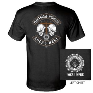 IBEW YOUR LOCAL HERE DOUBLE SKULL USA MADE UNION PRINTED T-SHIRT SL0012-S-Black 
